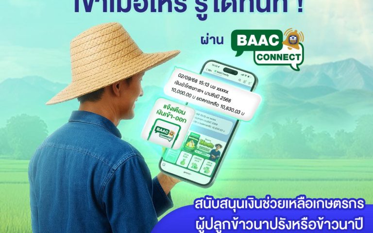 โครงการไร่ละพัน” เริ่มโอนเงินแล้ว !รอรับแจ้งเตือนได้ง่าย ๆ เพียงสมัคร BAAC Connec